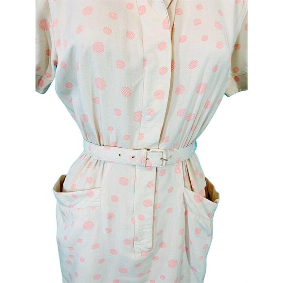Vintage 1940s Silk Dress Champagne Pink Circle Print Shirtdress | W 25" - Picture 5 of 10
